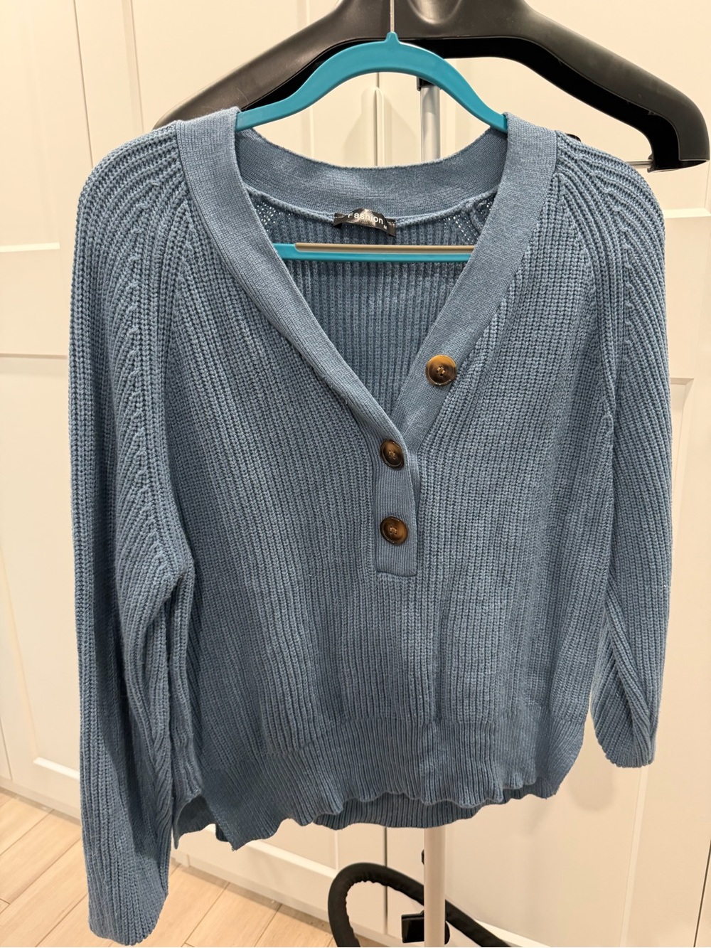 Amazon Women's Dusty Blue V-Neck Button Pullover Sweater